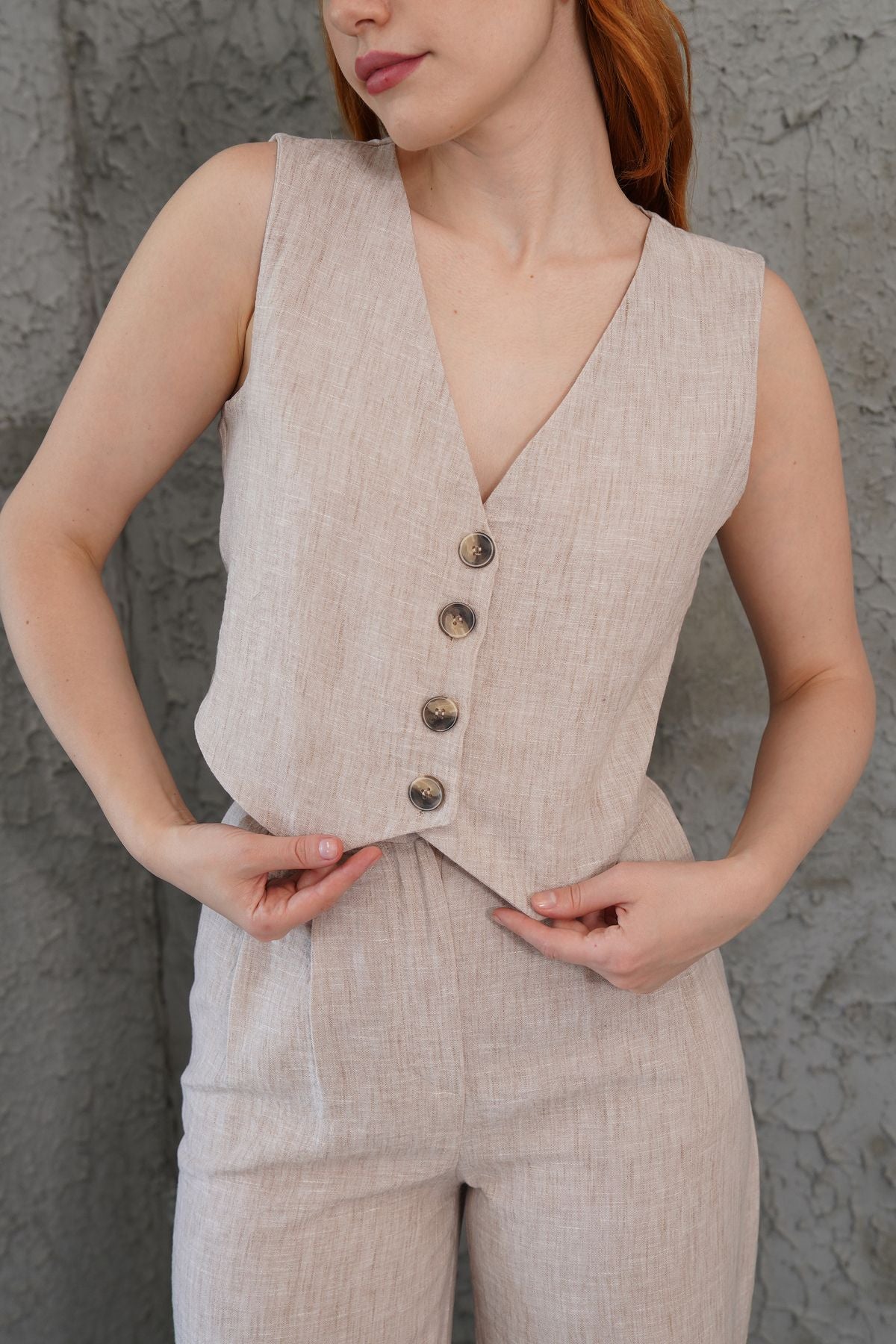 Linen Vest Set - Beige