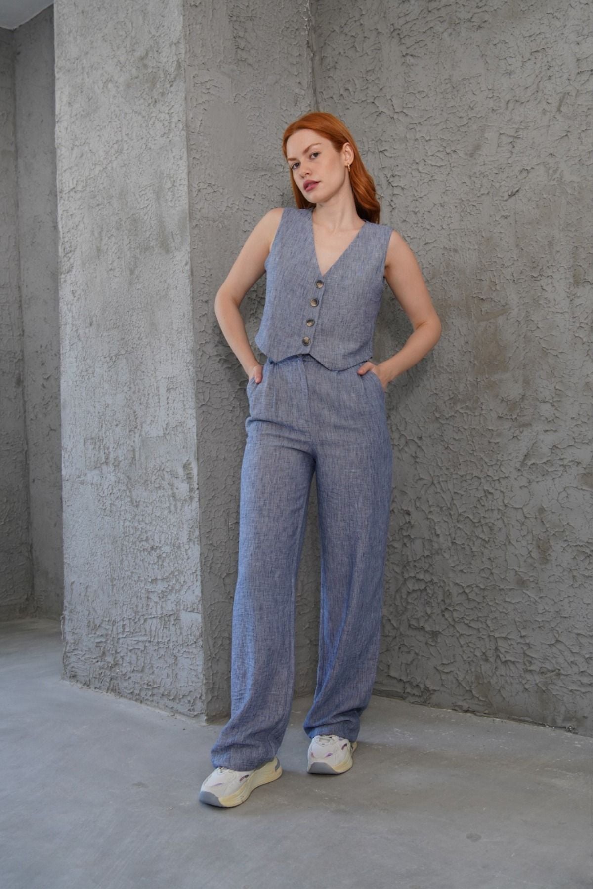 Linen Vest Set - Blue