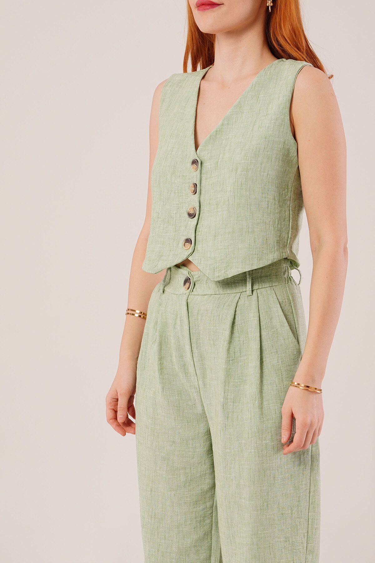 Linen Vest Set - Sage Green