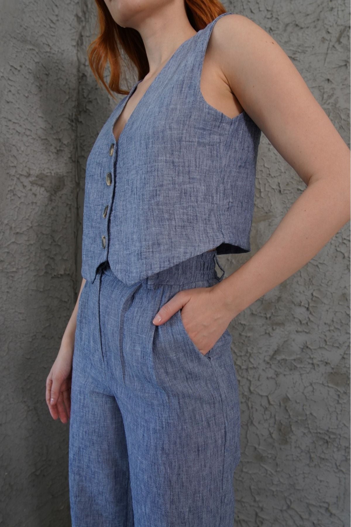 Linen Vest Set - Blue