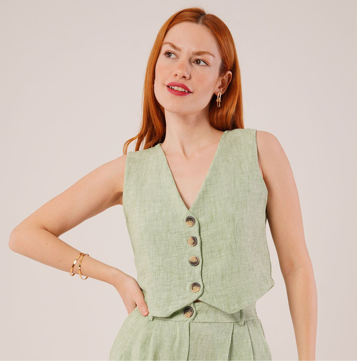 Linen Vest Set - Sage Green