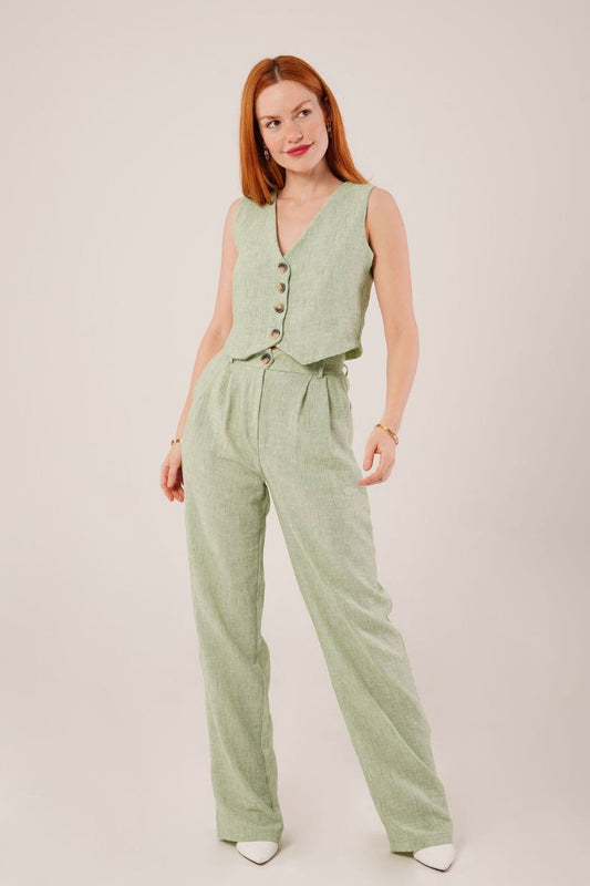 Linen Vest Set - Sage Green