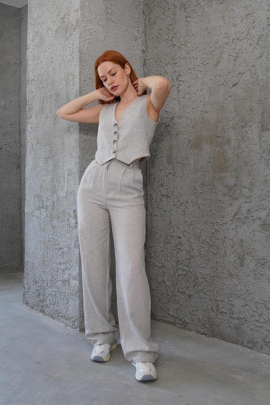 Linen Vest Set - Light Gray