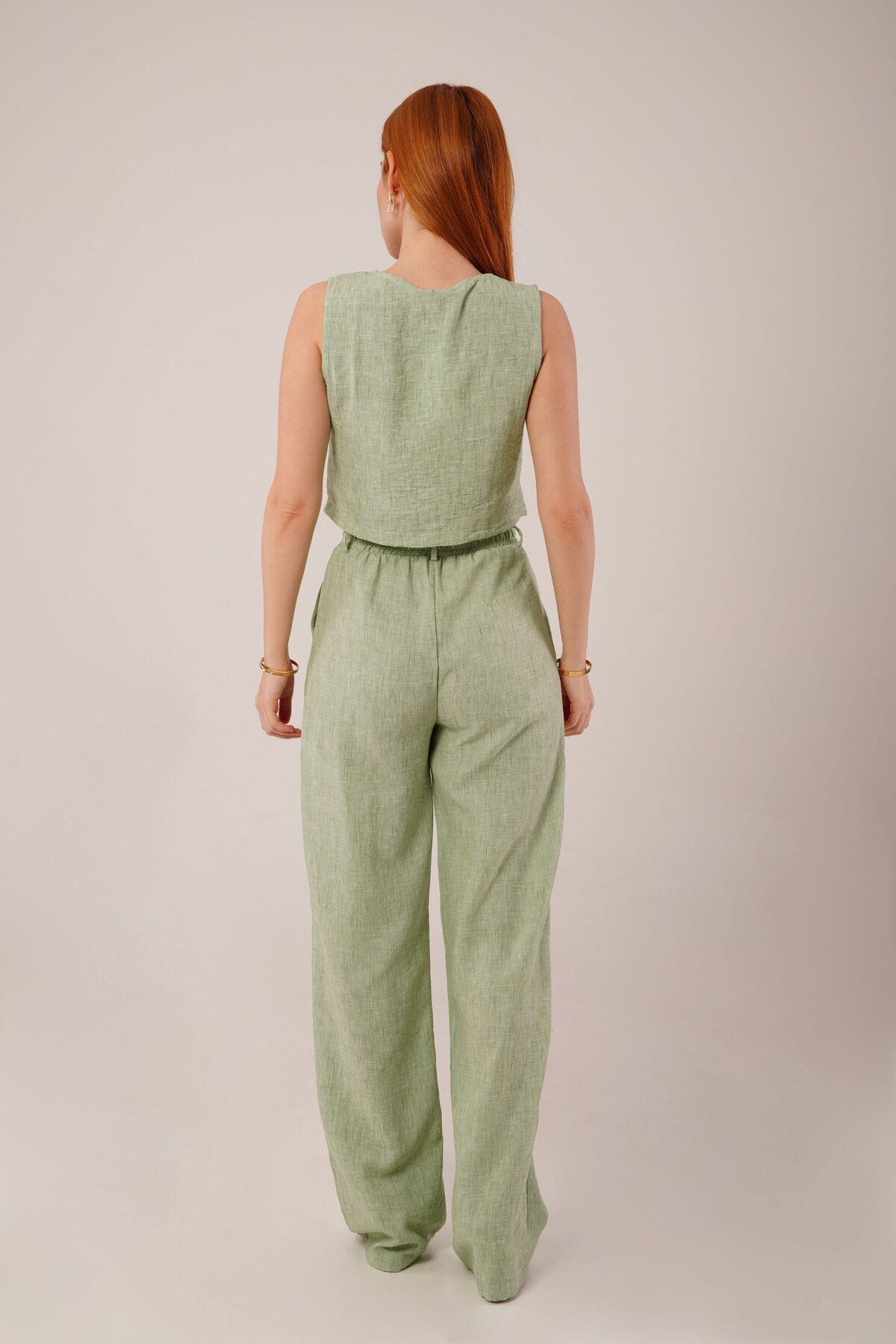 Linen Vest Set - Sage Green