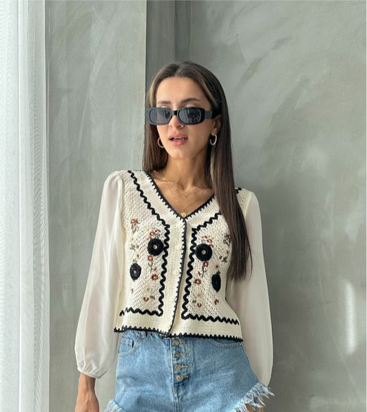 Mila Crochet Blouse - White/Navy Blue